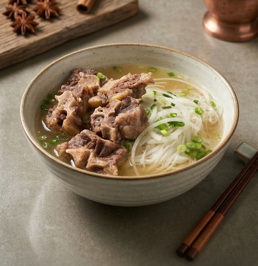 Oxtail Pho in a ceramic bowl